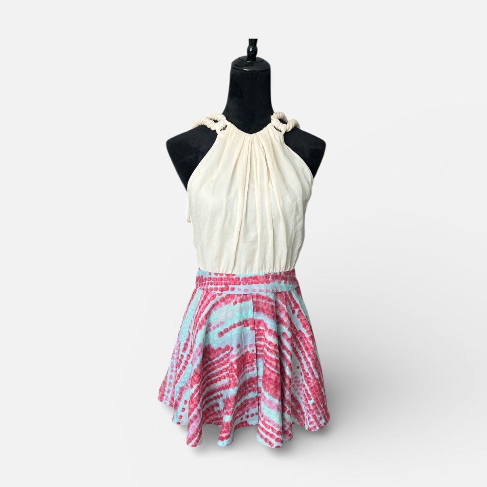J/J Julie Haus Cream Halter Dress w/ Pink & Blue Tie-Dye Skater Style Skirt S